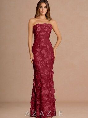 Azazie Burgundy Strapless Floral Appliqué Mermaid Dress